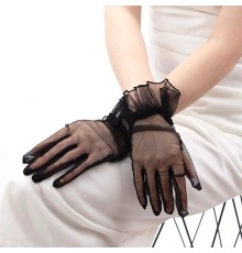 Kısa Boy Likralı Güpürlü Yetişkin Tül Eldiven Siyah Renk