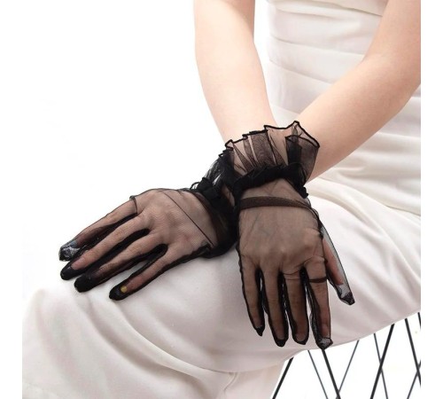 Kısa Boy Likralı Güpürlü Yetişkin Tül Eldiven Siyah Renk