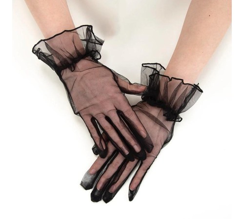 Kısa Boy Likralı Güpürlü Yetişkin Tül Eldiven Siyah Renk