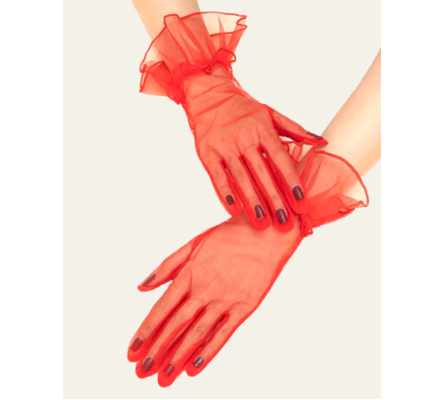 Kısa Boy Likralı Güpürlü Yetişkin Tül Eldiven Kırmızı Renk