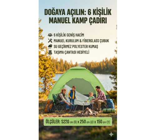 Kolay Kurulumlu Pratik Kamp Çadırı 6 Kişilik  (220x250x150)