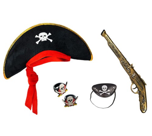 Korsan Şapkası + Tabanca + Maske + 2 Adet Yüzük Kostüm Seti Çocuk