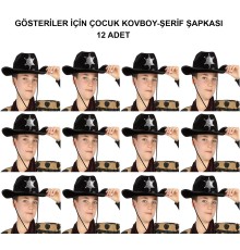 Kovboy Şerif Şapkası Siyah 12 Adet - Kostüm, Parti ve Gösteri Şapkası