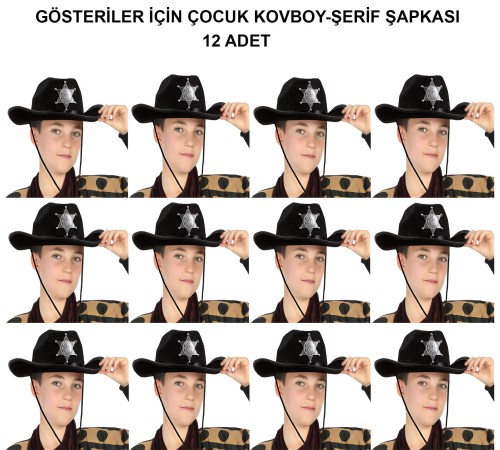 Kovboy Şerif Şapkası Siyah 12 Adet - Kostüm, Parti ve Gösteri Şapkası