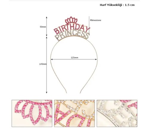 Kristal Taşlı Pembe Birthday Princess Yazılı Parti Tacı 19x11 cm