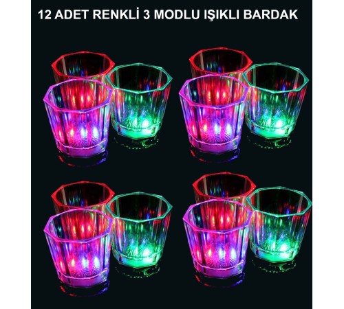 LED Işıklı Eğlence Bardakları - 3 Modlu Renk Değiştiren Bardak 12 Adet