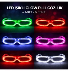 LED Işıklı Glow Pilli Parti Gözlüğü - Glow Efektli 6 Adet 5 Renk