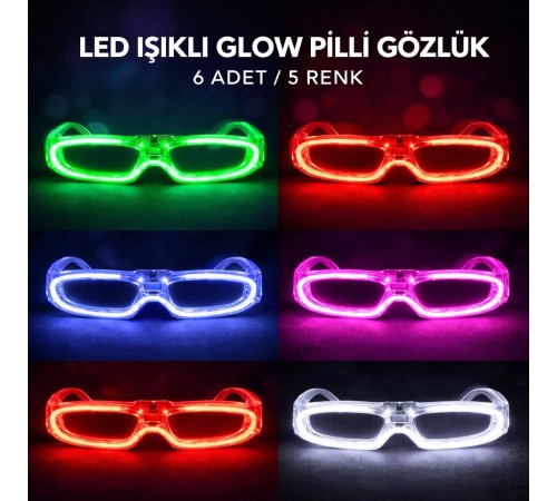 LED Işıklı Glow Pilli Parti Gözlüğü - Glow Efektli 6 Adet 5 Renk