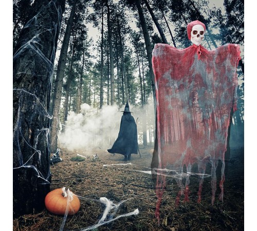 Led Işıklı Kahkaha Atan Sesli Sensörlü Ürpertici Kuru Kafa Kanlı Korku Hayalet Saçaklı Dekor 90x50 cm