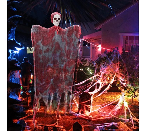 Led Işıklı Kahkaha Atan Sesli Sensörlü Ürpertici Kuru Kafa Kanlı Korku Hayalet Saçaklı Dekor 90x50 cm
