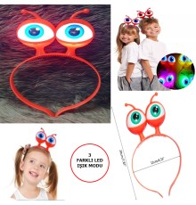 Led Işıklı & Pilli 3 Farklı Modda Yanan Uzaylı Göz Parti Tacı Kırmızı Renk 18x12 cm