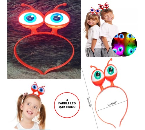 Led Işıklı & Pilli 3 Farklı Modda Yanan Uzaylı Göz Parti Tacı Kırmızı Renk 18x12 cm