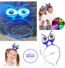 Led Işıklı & Pilli 3 Farklı Modda Yanan Uzaylı Göz Parti Tacı Mavi Renk 18x12 cm