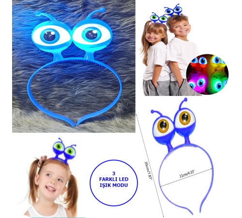 Led Işıklı & Pilli 3 Farklı Modda Yanan Uzaylı Göz Parti Tacı Mavi Renk 18x12 cm