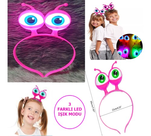 Led Işıklı & Pilli 3 Farklı Modda Yanan Uzaylı Göz Parti Tacı Pembe Renk 18x12 cm