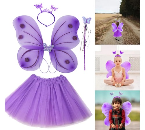 Lila Mor Kelebek Kostümü - Lila Mor Kelebek Kostüm Aksesuar Seti 4 Parça