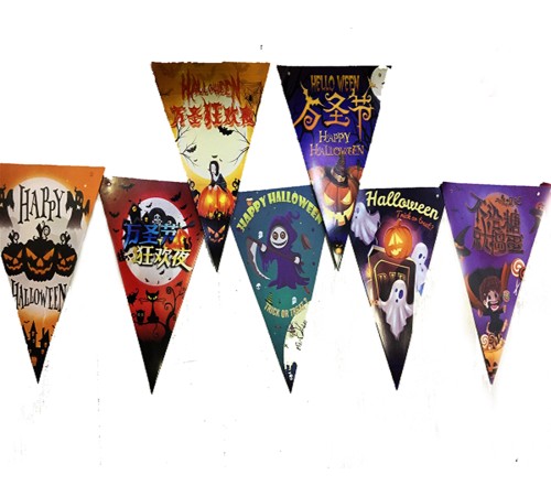 Lüks Baskılı Üçgen Model Halloween Banner Süs Bayrak 8 li