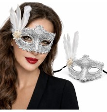 Lüks Beyaz Tüylü Venedik Maskesi – Taşlı Dantel Tasarım
