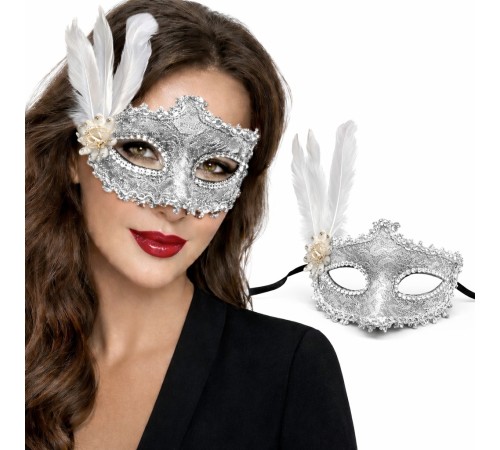 Lüks Beyaz Tüylü Venedik Maskesi – Taşlı Dantel Tasarım