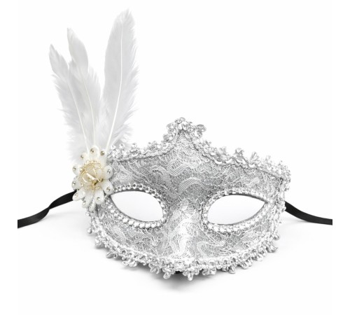 Lüks Beyaz Tüylü Venedik Maskesi – Taşlı Dantel Tasarım