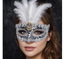 Lüks Gümüş Tüylü Taşlı Balo Maskesi