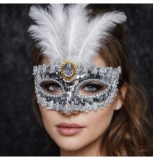 Lüks Gümüş Tüylü Taşlı Balo Maskesi