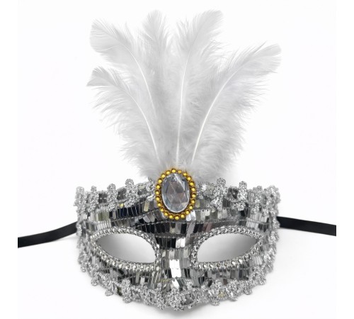 Lüks Gümüş Tüylü Taşlı Balo Maskesi