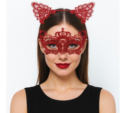 Lüks Kırmızı Dantel Taçlı Maske Seti 2 No - Parti, Balo, Kostüm Aksesuarı