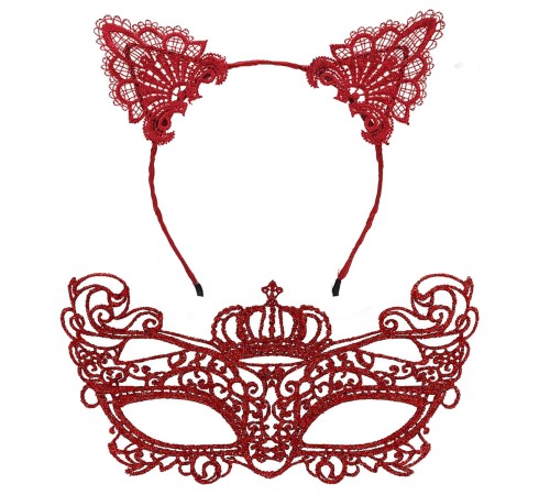 Lüks Kırmızı Dantel Taçlı Maske Seti 2 No - Parti, Balo, Kostüm Aksesuarı