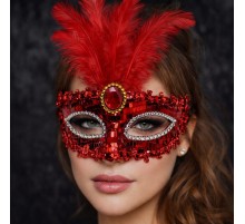 Lüks Kırmızı Tüylü Taşlı Balo Maskesi