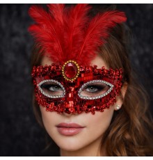 Lüks Kırmızı Tüylü Taşlı Balo Maskesi