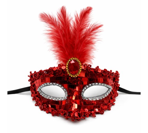 Lüks Kırmızı Tüylü Taşlı Balo Maskesi