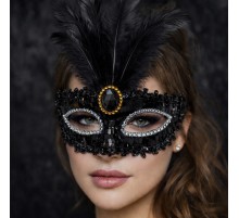 Lüks Siyah Tüylü Taşlı Balo Maskesi