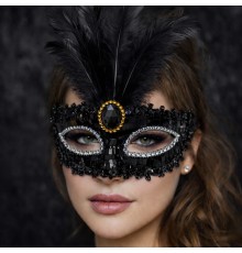Lüks Siyah Tüylü Taşlı Balo Maskesi