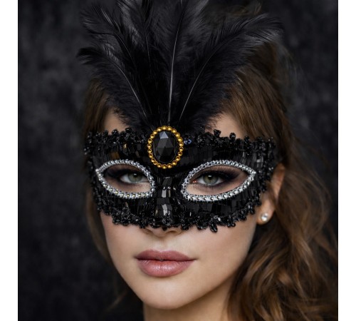 Lüks Siyah Tüylü Taşlı Balo Maskesi