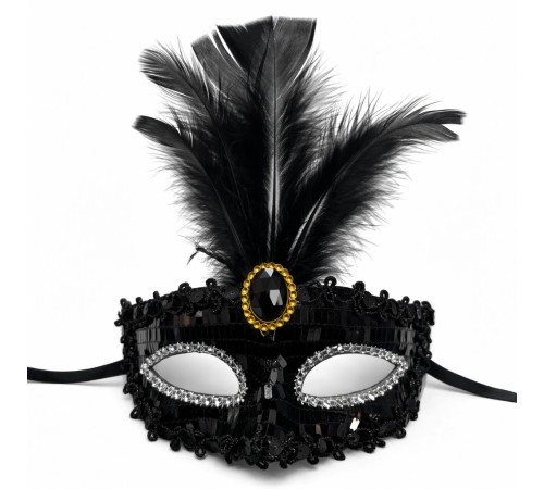 Lüks Siyah Tüylü Taşlı Balo Maskesi