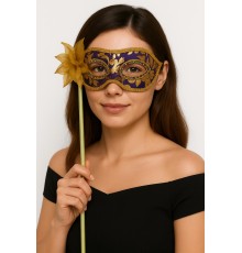 Lüks Taşlı Saplı Maskeli Balo Maskesi Mor Renk 35 cm