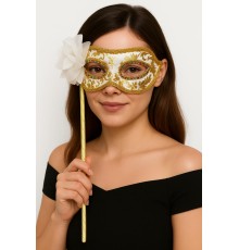 Lüks Taşlı Saplı Maskeli Balo Maskesi Beyaz Renk 35 cm