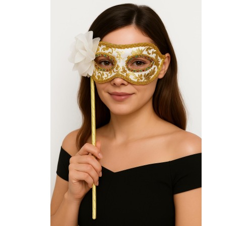 Lüks Taşlı Saplı Maskeli Balo Maskesi Beyaz Renk 35 cm