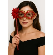 Lüks Taşlı Saplı Maskeli Balo Maskesi Kırmızı Renk 35 cm