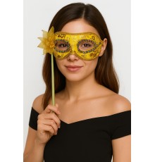 Lüks Taşlı Saplı Maskeli Balo Maskesi Altın Renk 35 cm