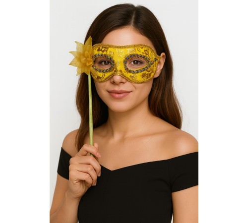 Lüks Taşlı Saplı Maskeli Balo Maskesi Altın Renk 35 cm