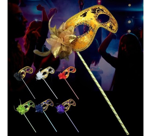 Lüks Taşlı Saplı Maskeli Balo Maskesi Altın Renk 35 cm