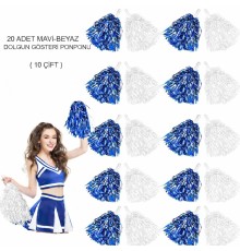 Mavi Beyaz Metalik Dolgun Gösteri Ponponu 20 Adet (10 Çift)