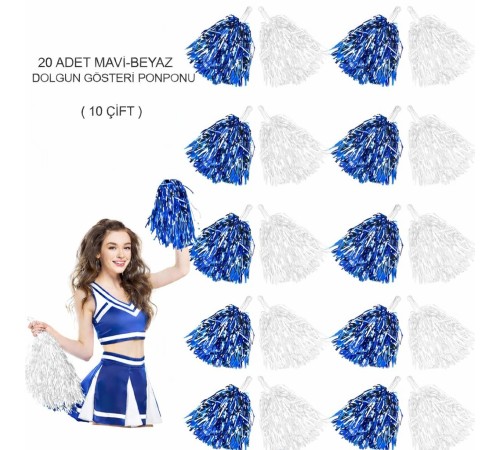 Mavi Beyaz Metalik Dolgun Gösteri Ponponu 20 Adet (10 Çift)