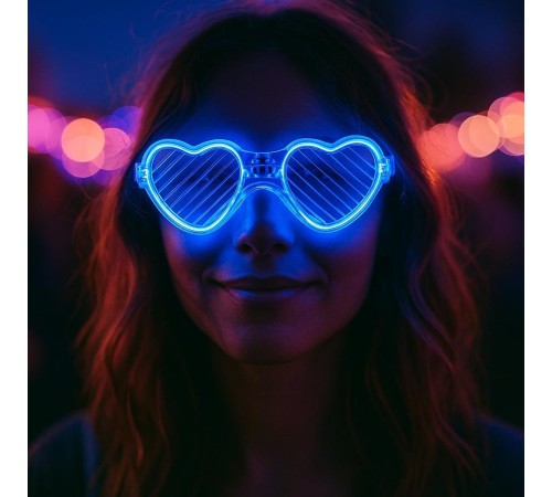 Mavi LED Işıklı Kalp Gözlük – 3 Modlu Parti & Glow Gözlüğü