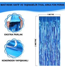 Mavi Renk Ekstra Metalize Parlak Saçaklı Arka Fon Perde İthal A Kalite 1x2 Metre
