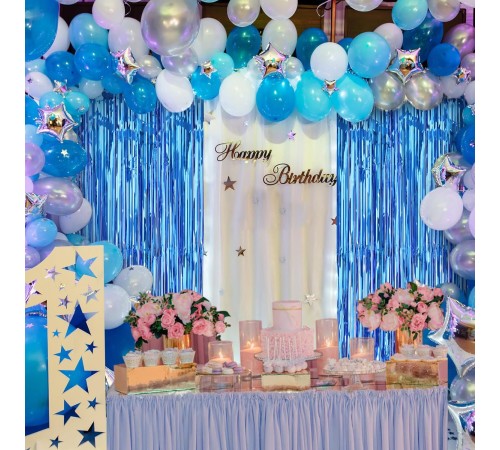 Mavi Renk Ekstra Metalize Parlak Saçaklı Arka Fon Perde İthal A Kalite 1x2 Metre