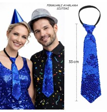 Mavi Renk Pul Payetli Işıltılı Parti Kravatı 33 cm