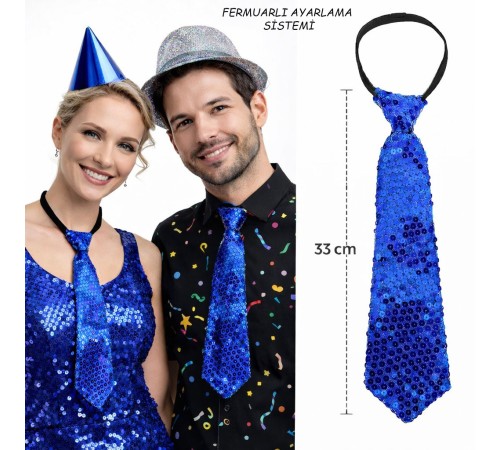 Mavi Renk Pul Payetli Işıltılı Parti Kravatı 33 cm